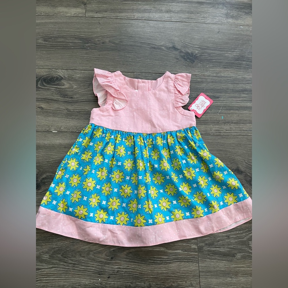 Ricrac & ruffles Pink and Blue Sunflower Kids Dress
